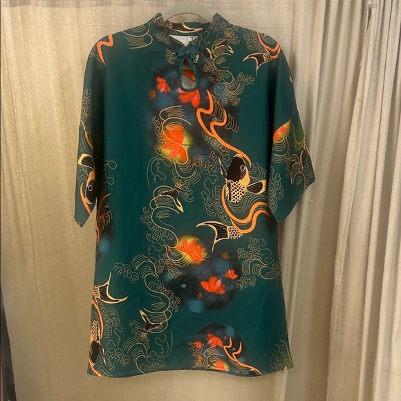 Multicolored Short Sleeved Fish Print Tunic Top - Initial Fascination - Picture 1 of 6